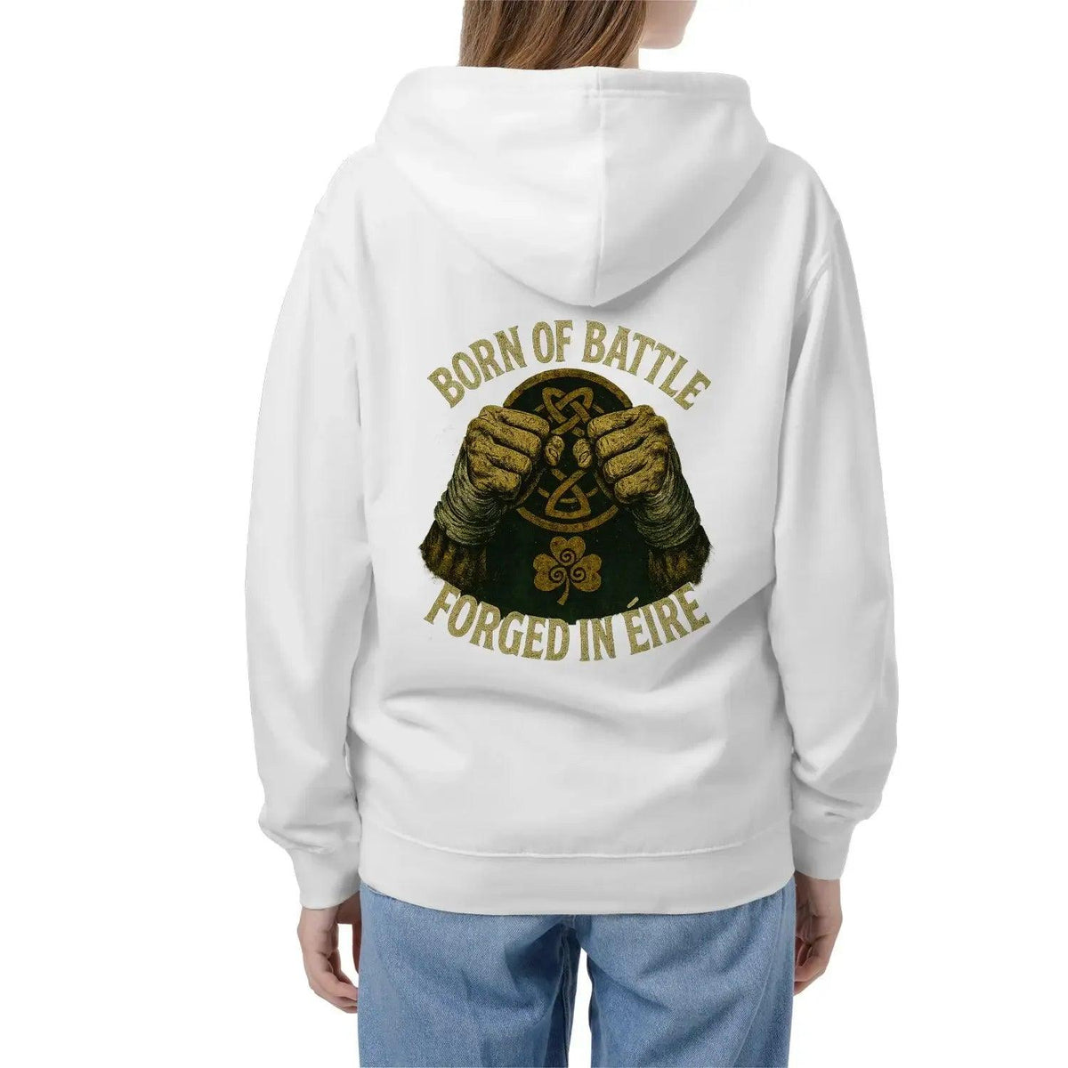 White zip hoodie back with large gold text and emblem graphic under hood.