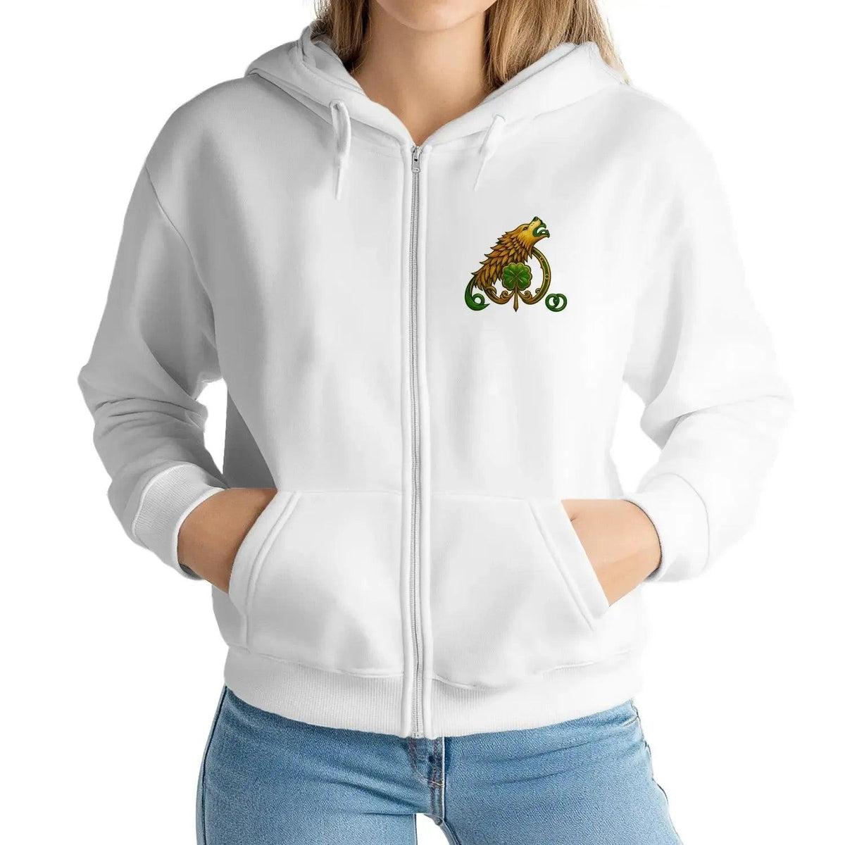 White zip hoodie with full-length zipper, kangaroo pocket, and DTG-printed crest.