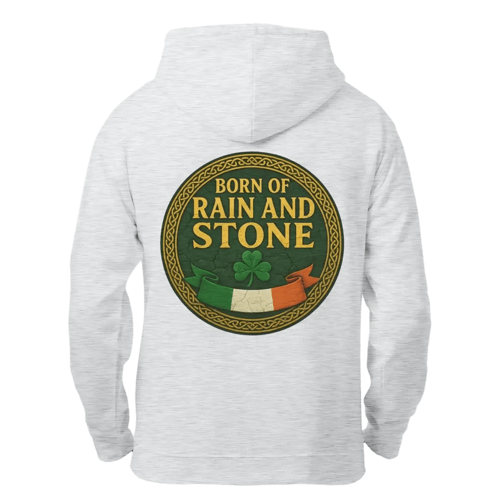 White zip-up hoodie with hood and large center back graphic logo.