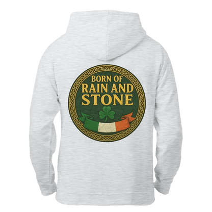 White zip-up hoodie with hood and large center back graphic logo.