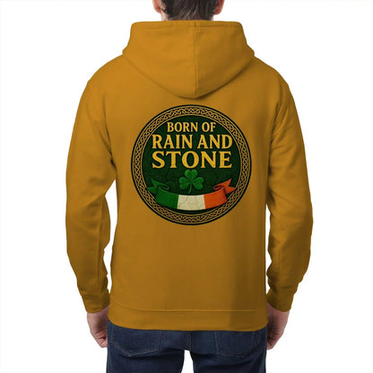 Mustard zip hoodie with hood, back round logo reading “Born of Rain and Stone”