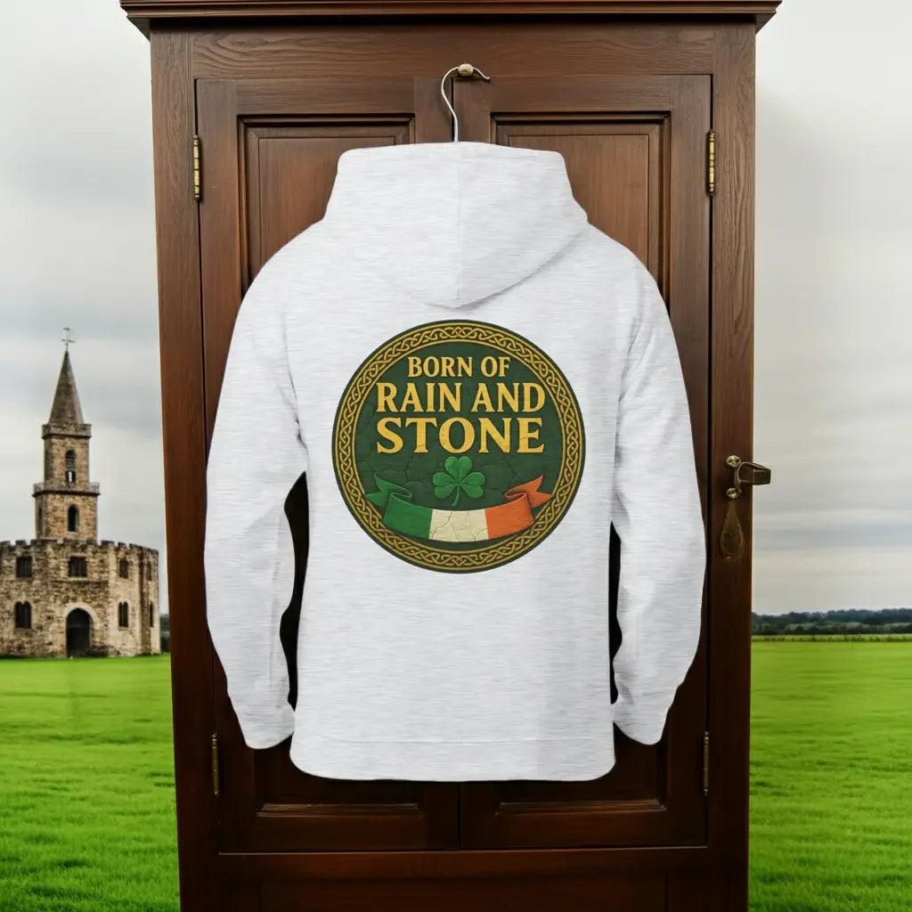White zip-up hoodie hanging, with hood and large center back graphic logo.