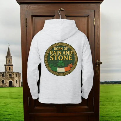White zip-up hoodie hanging, with hood and large center back graphic logo.