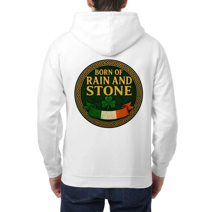 White zip hoodie with hood, back round graphic patch reading “Born of Rain and Stone”