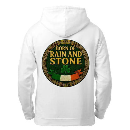 White zip hoodie with hood and large back emblem reading “Born of Rain and Stone”