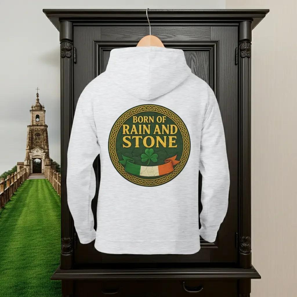 White zip-up hoodie with hood and large center back graphic logo, front view.
