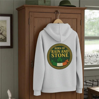White zip-up hoodie on hanger, with hood and large center back graphic logo.