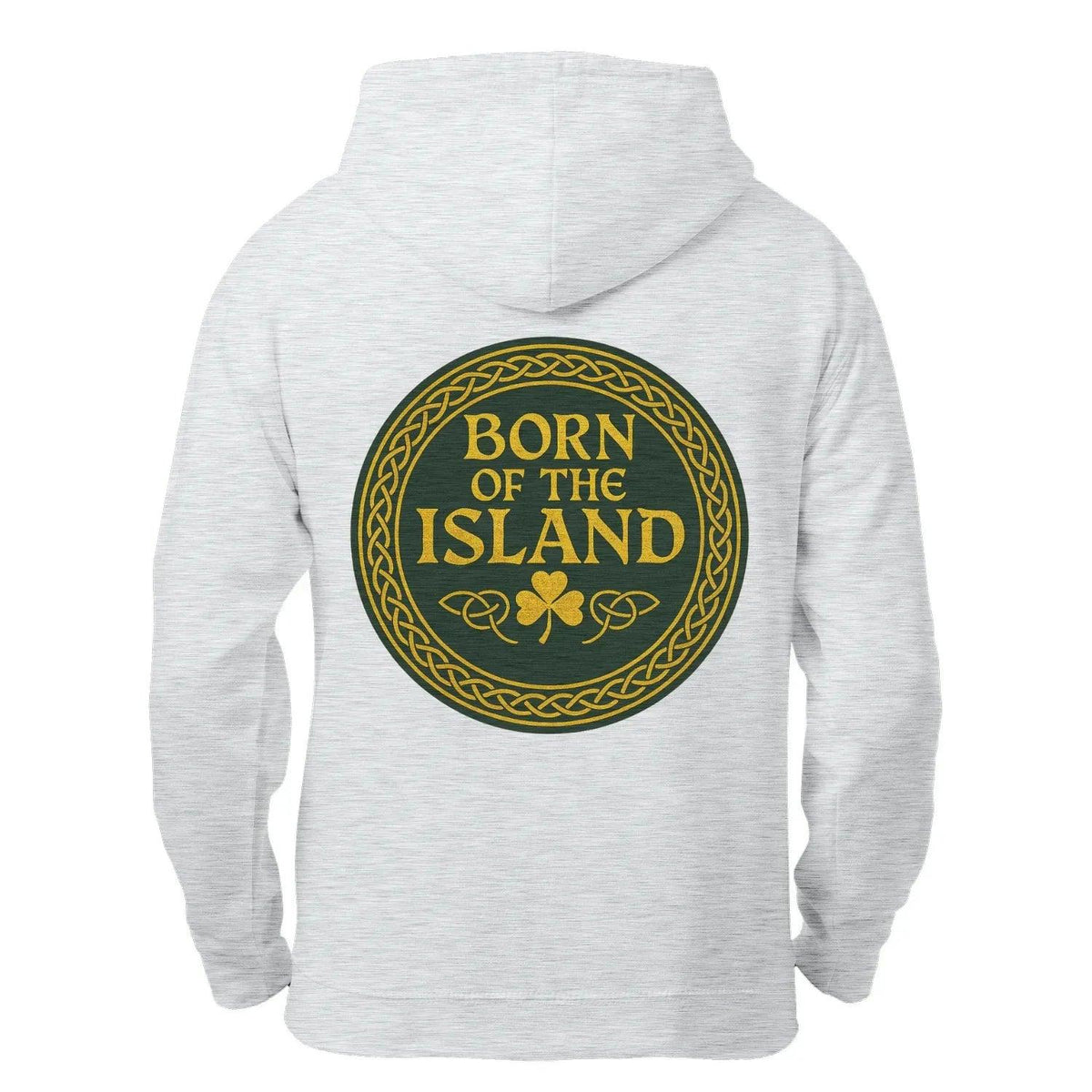 Heather grey zip hoodie back with 'BORN OF THE ISLAND' circular emblem