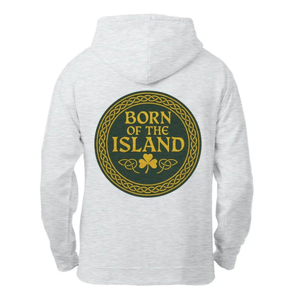 Heather grey zip hoodie back with 'BORN OF THE ISLAND' circular emblem