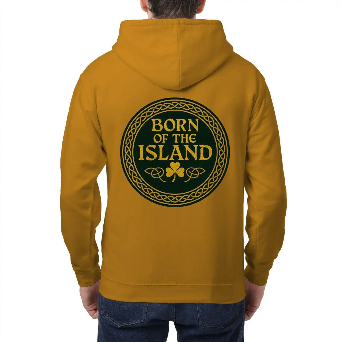 Mustard yellow zip hoodie back with circular 'BORN OF THE ISLAND' emblem