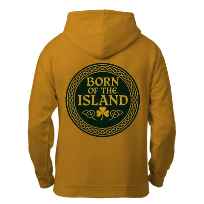 Desert sand zip hoodie with "Born of the Island" back crest, hood and full zipper