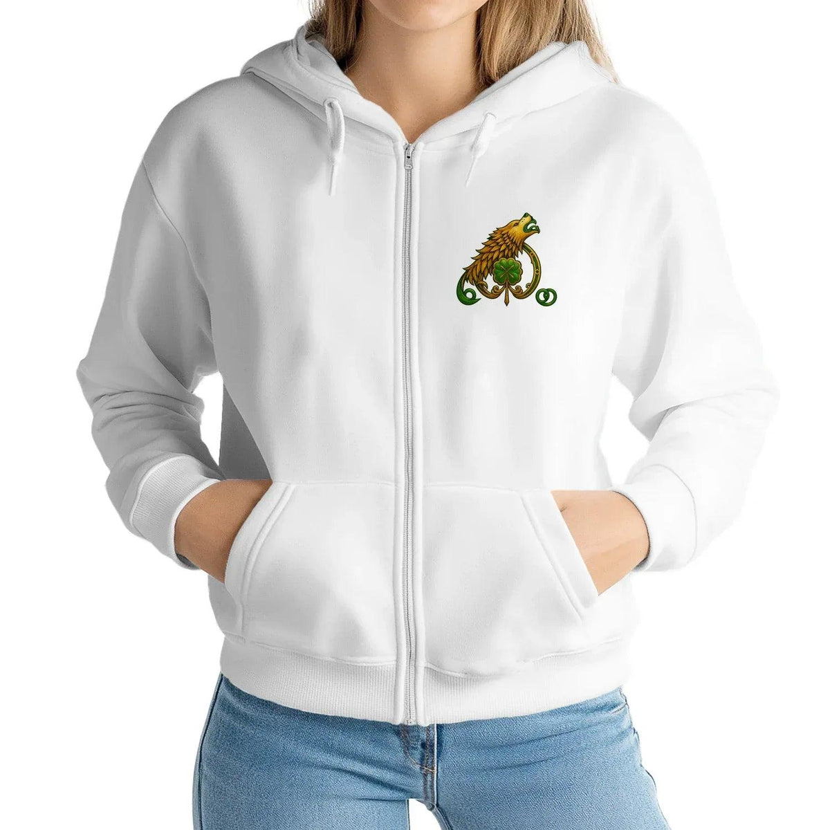 Arctic white zip hoodie with green-and-gold dragon crest on left chest, hooded front