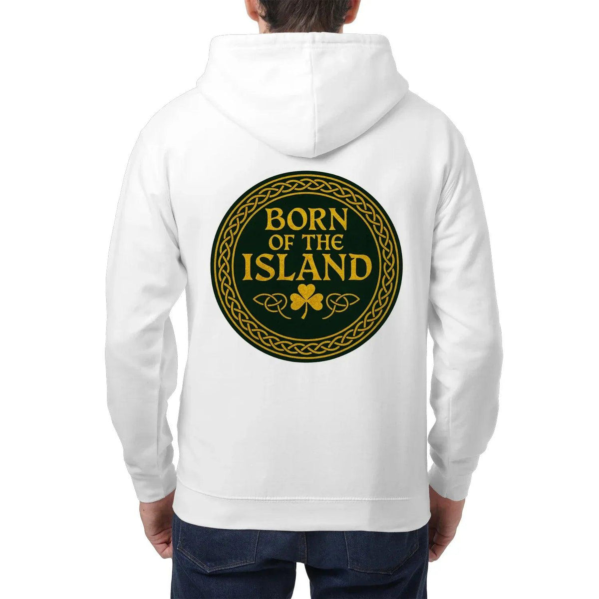 White zip hoodie with "Born of the Island" back crest, hooded sweatshirt back