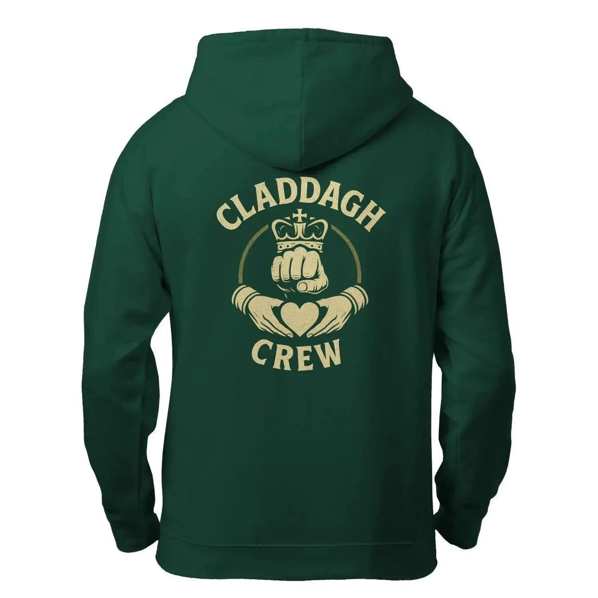 Green zip-up hoodie back view with Claddagh Crew graphic