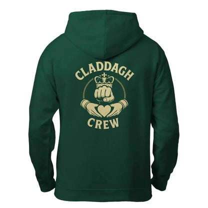Green zip-up hoodie back view with Claddagh Crew graphic