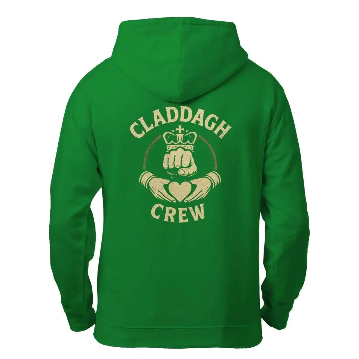 Green zip hoodie with Claddagh Crew logo on back