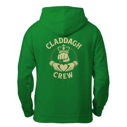 Green zip hoodie with Claddagh Crew logo on back