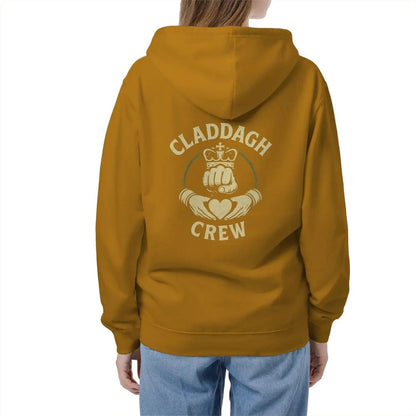 Yellow zip-up hoodie with Claddagh Crew back graphic