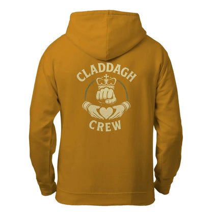 Yellow zip-up hoodie back view with Claddagh Crew graphic