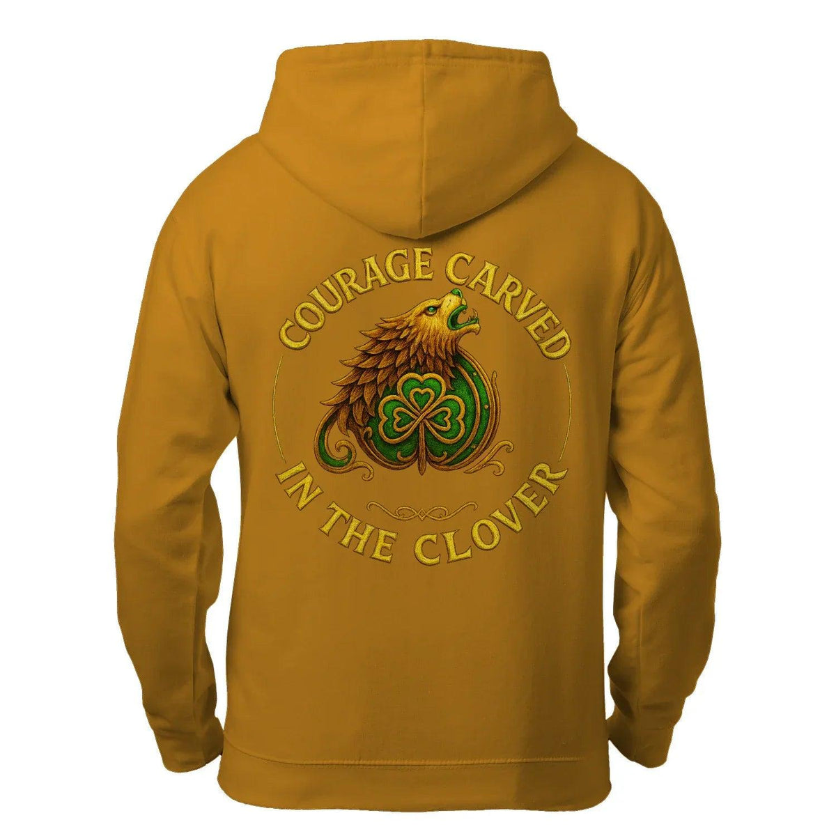 Mustard yellow zip hoodie back with eagle, green clover emblem, and text