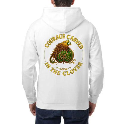 Arctic white zip hoodie with back “COURAGE ... IN THE CLOVER” emblem graphic