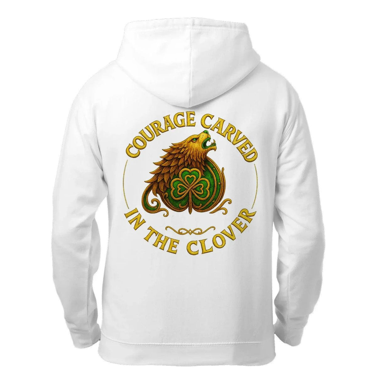 White zip hoodie back with eagle, green clover emblem, and curved text