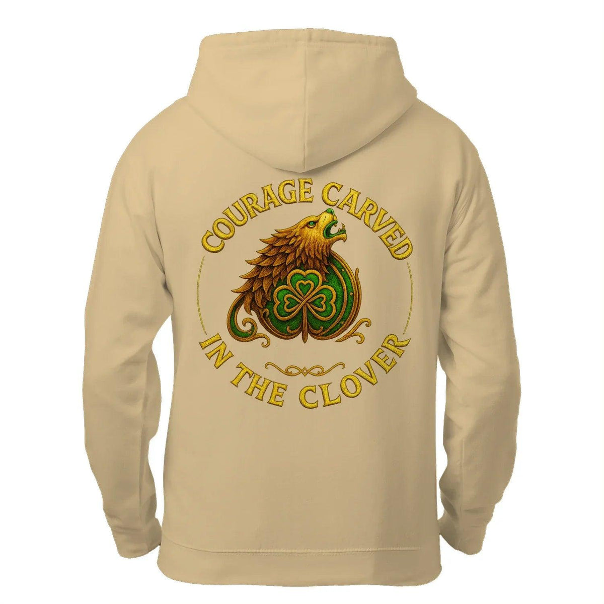 Light tan zip hoodie back with eagle, green clover emblem, and curved text