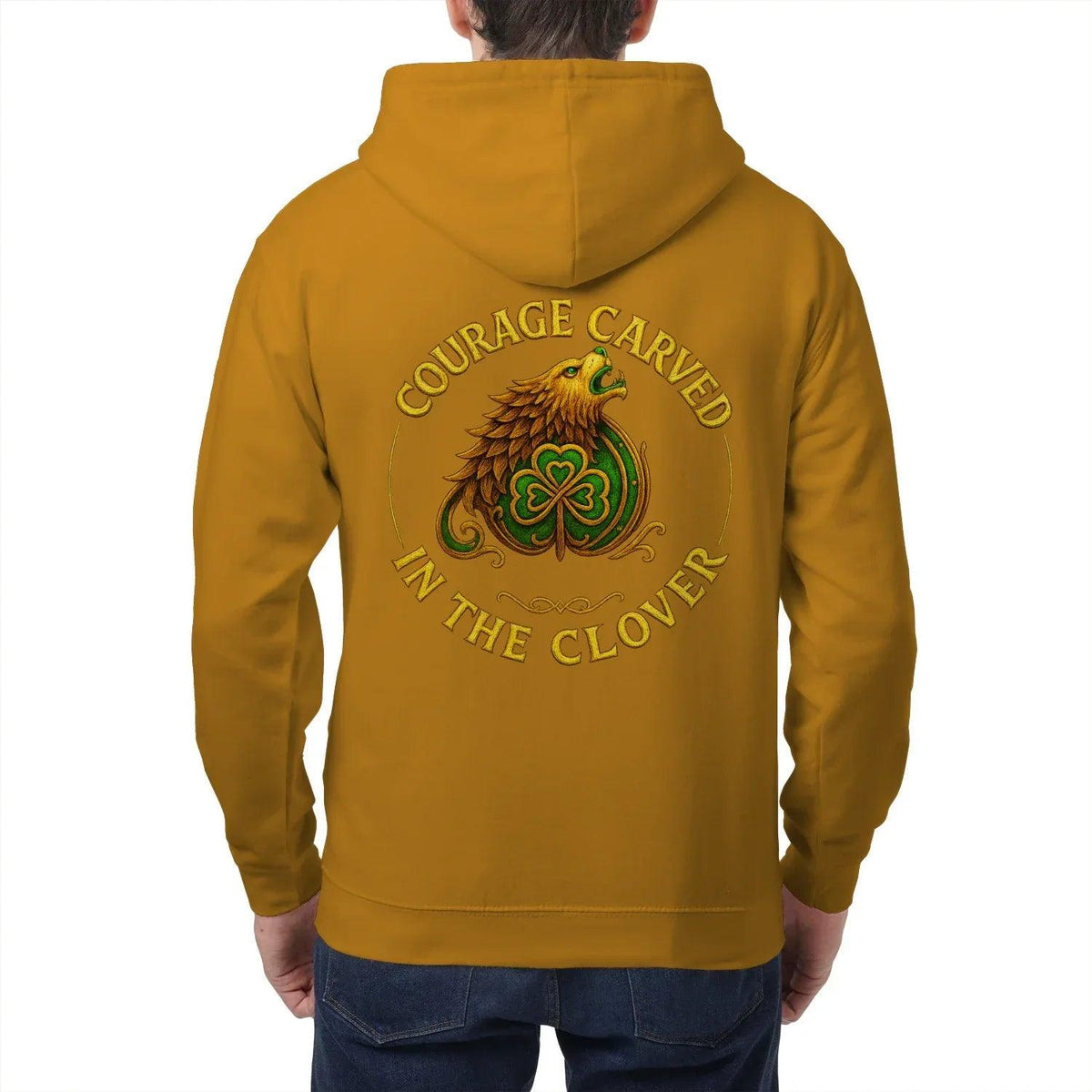 Mustard yellow zip hoodie back with eagle, green clover emblem, curved text