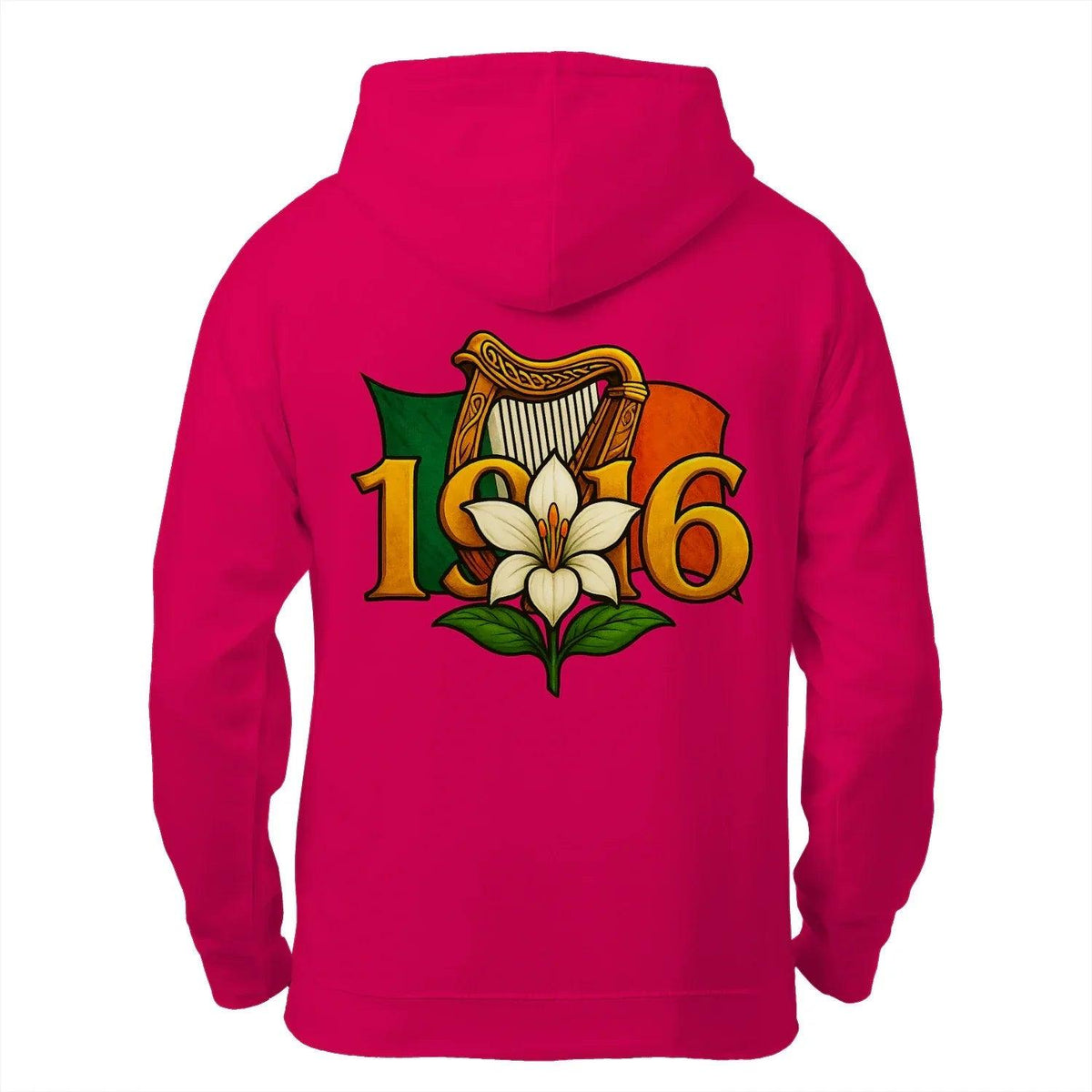 Hot pink zip hoodie back view with large floral 1916 emblem