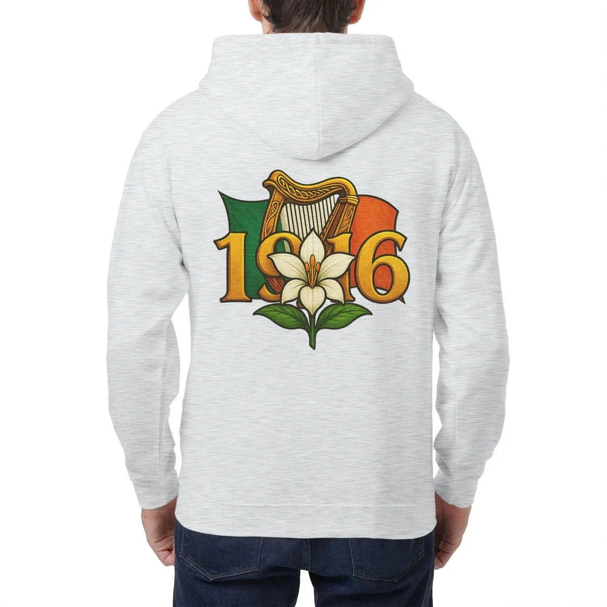 Heather grey zip hoodie back view with 1916 flower emblem