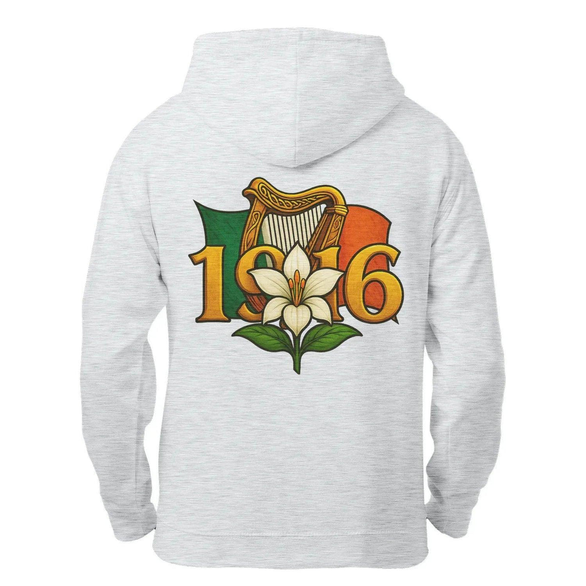 Heather grey zip hoodie back close-up of 1916 flower emblem