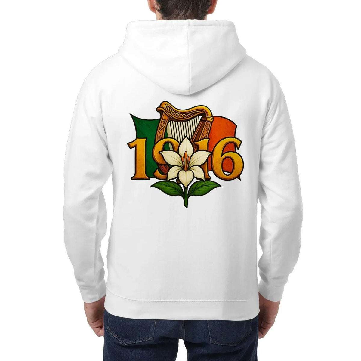 Arctic white zip hoodie back view with 1916 flower emblem