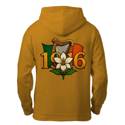 Mustard yellow zip hoodie with “1916” and white lily graphic on the back
