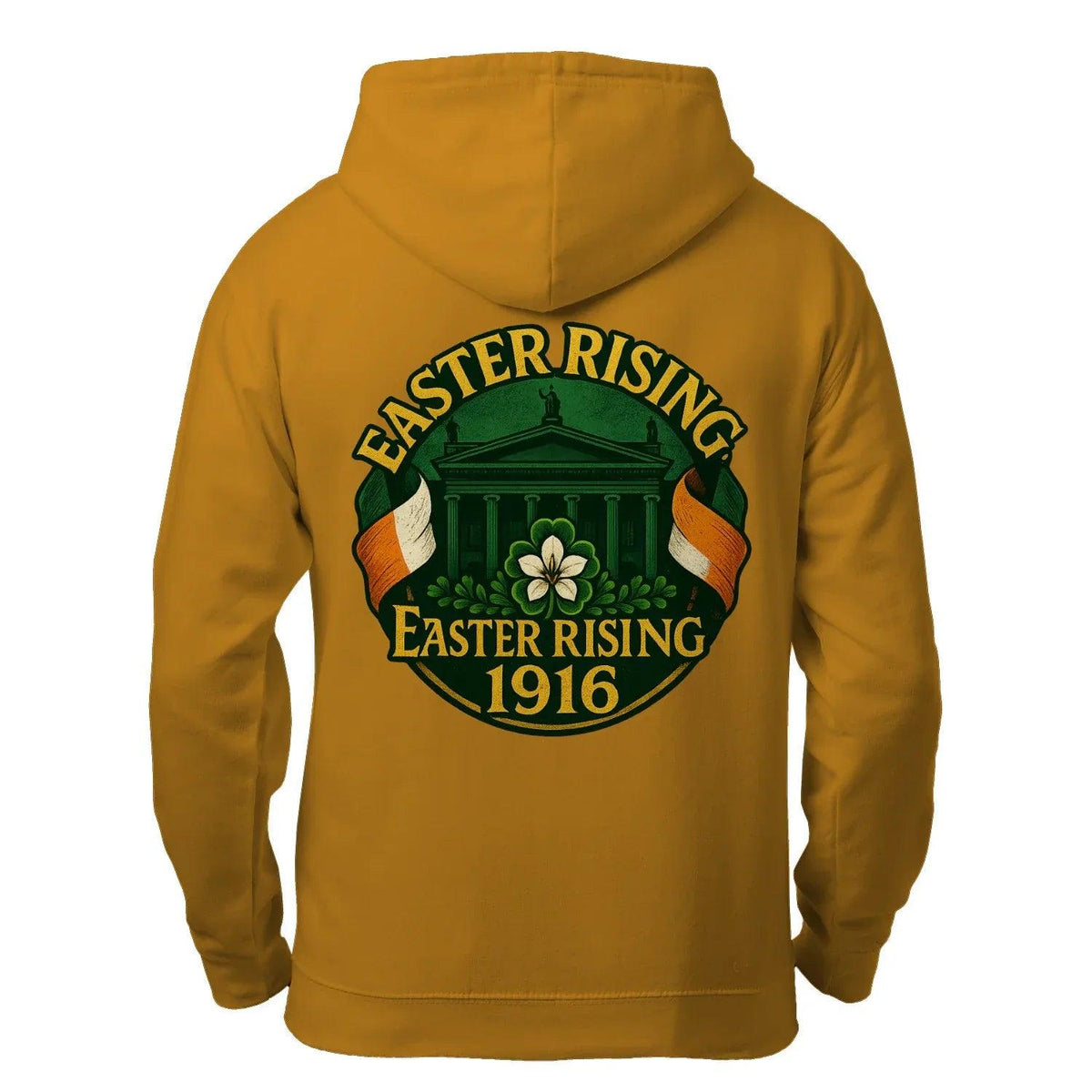 Mustard zip-up hoodie with hood and large “Easter Rising 1916” crest graphic