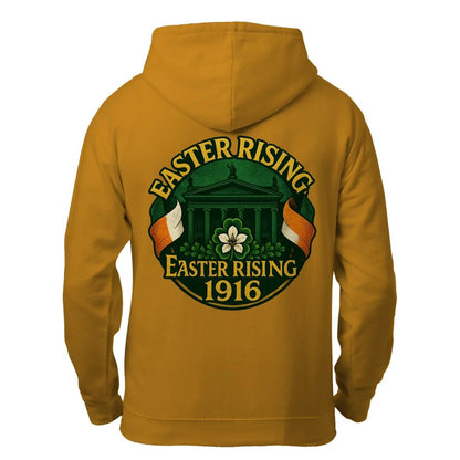 Mustard zip-up hoodie with hood and large “Easter Rising 1916” crest graphic
