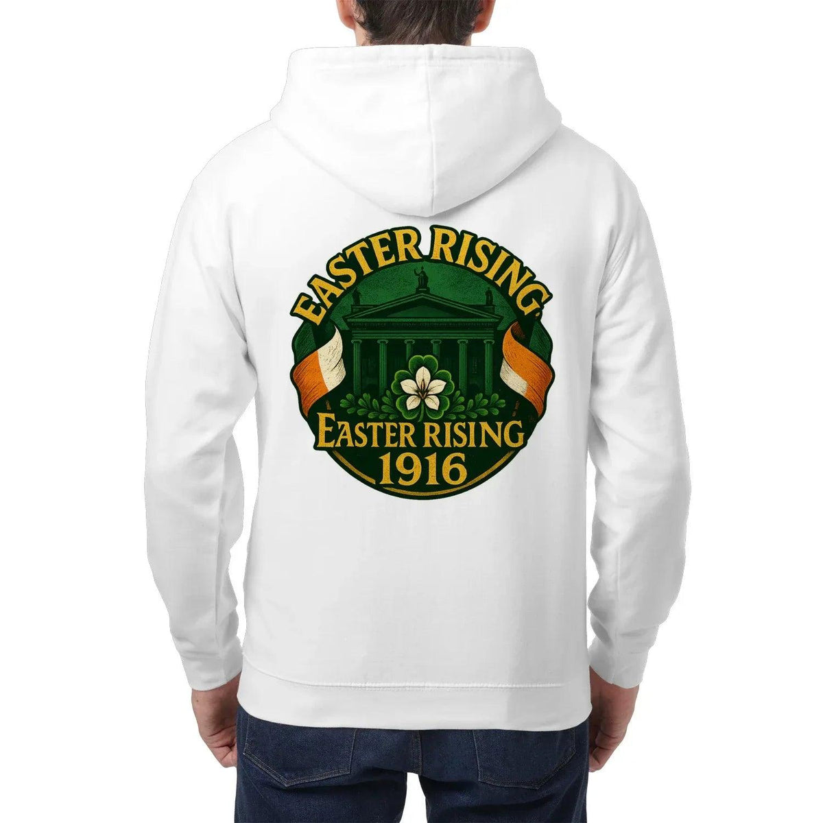 White zip-up hoodie with hood and back “Easter Rising 1916” crest graphic