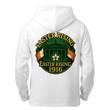 White zip-up hoodie with hood and back “Easter Rising 1916” crest print
