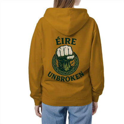 Mustard zip hoodie with large back “EIRE UNBROKEN” fist graphic