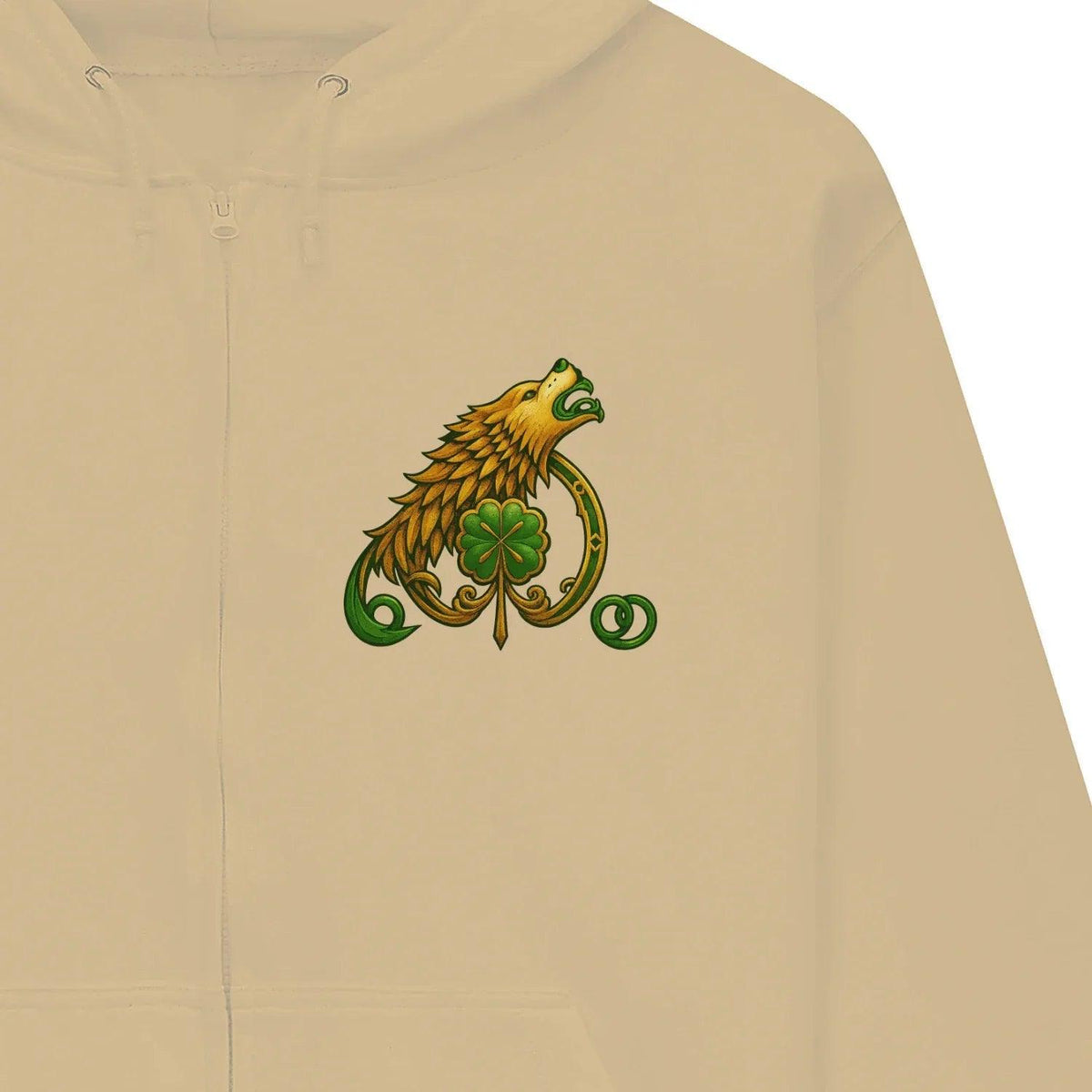 Beige zip hoodie chest graphic: yellow dragon with green clover details