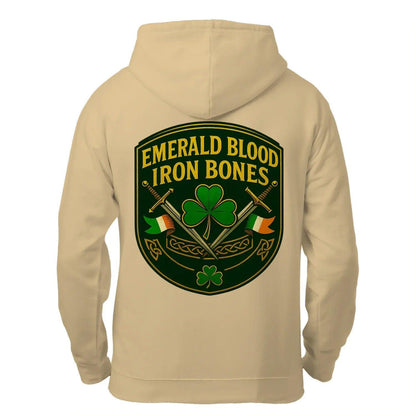 Beige zip hoodie with “EMERALD BLOOD IRON BONES” shield graphic on back