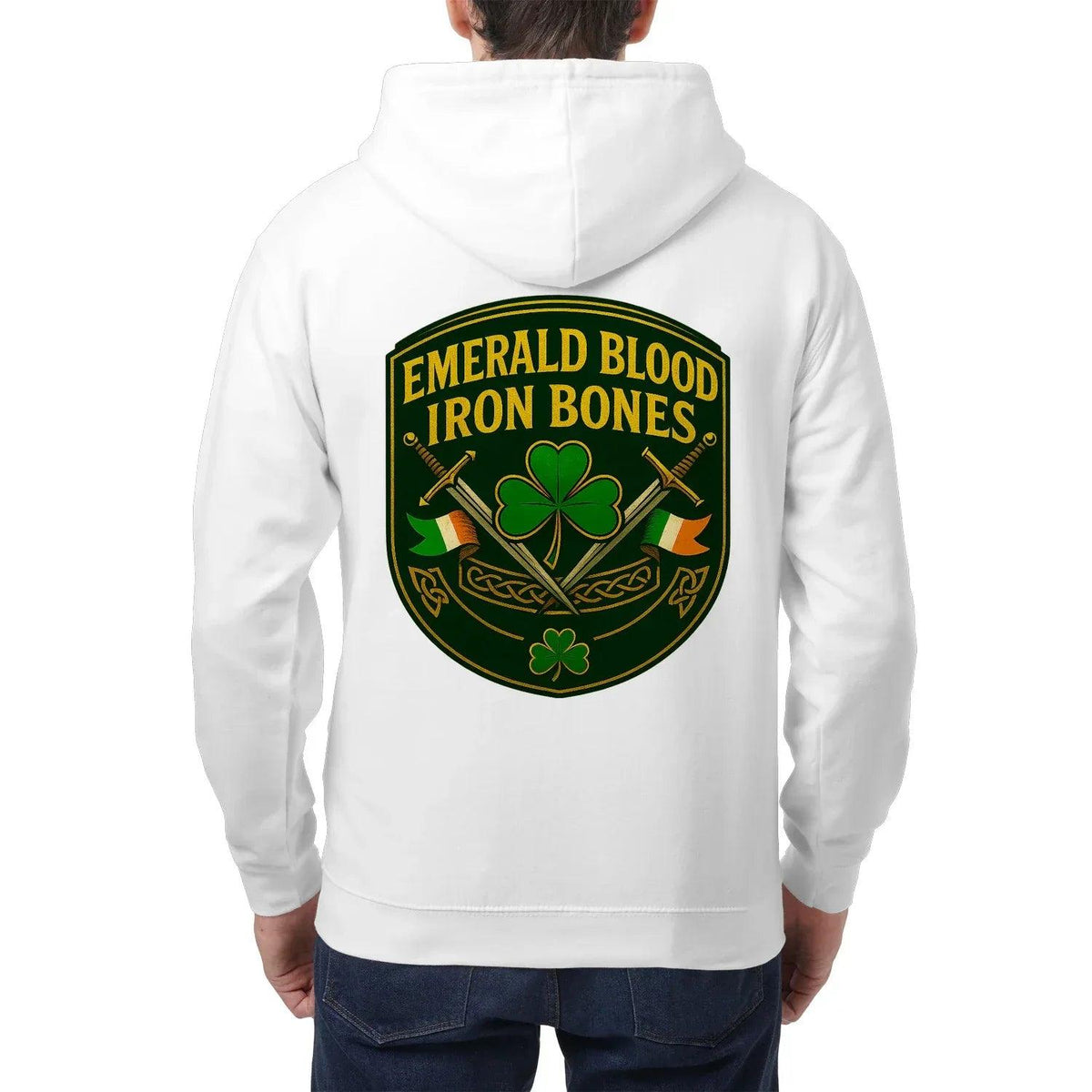 White zip hoodie with hood and large back crest graphic in green and gold.