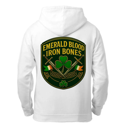 White zip hoodie with hood and large back crest graphic centered on the upper back.