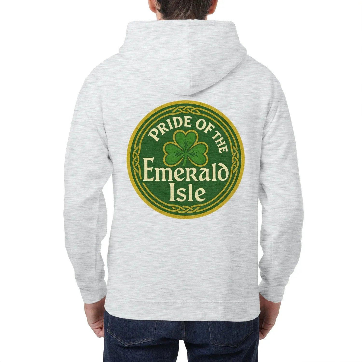 Heather grey zip hoodie back print 'Pride of the Emerald Isle' with clover emblem