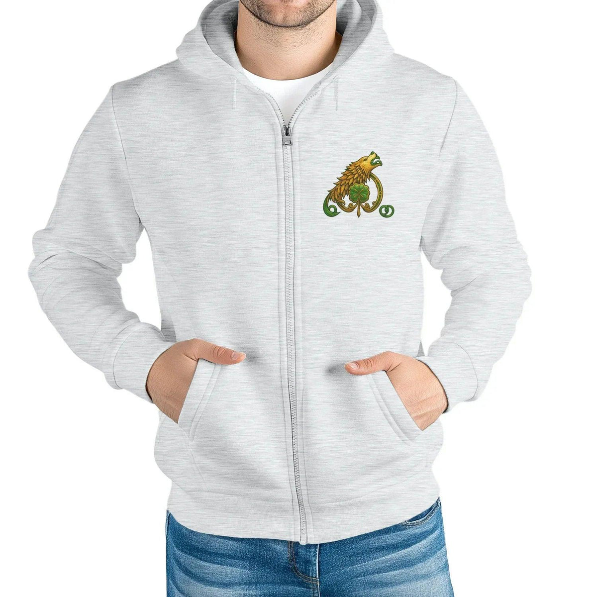 Heather grey zip hoodie with zipper front and chest Celtic horse and clover graphic
