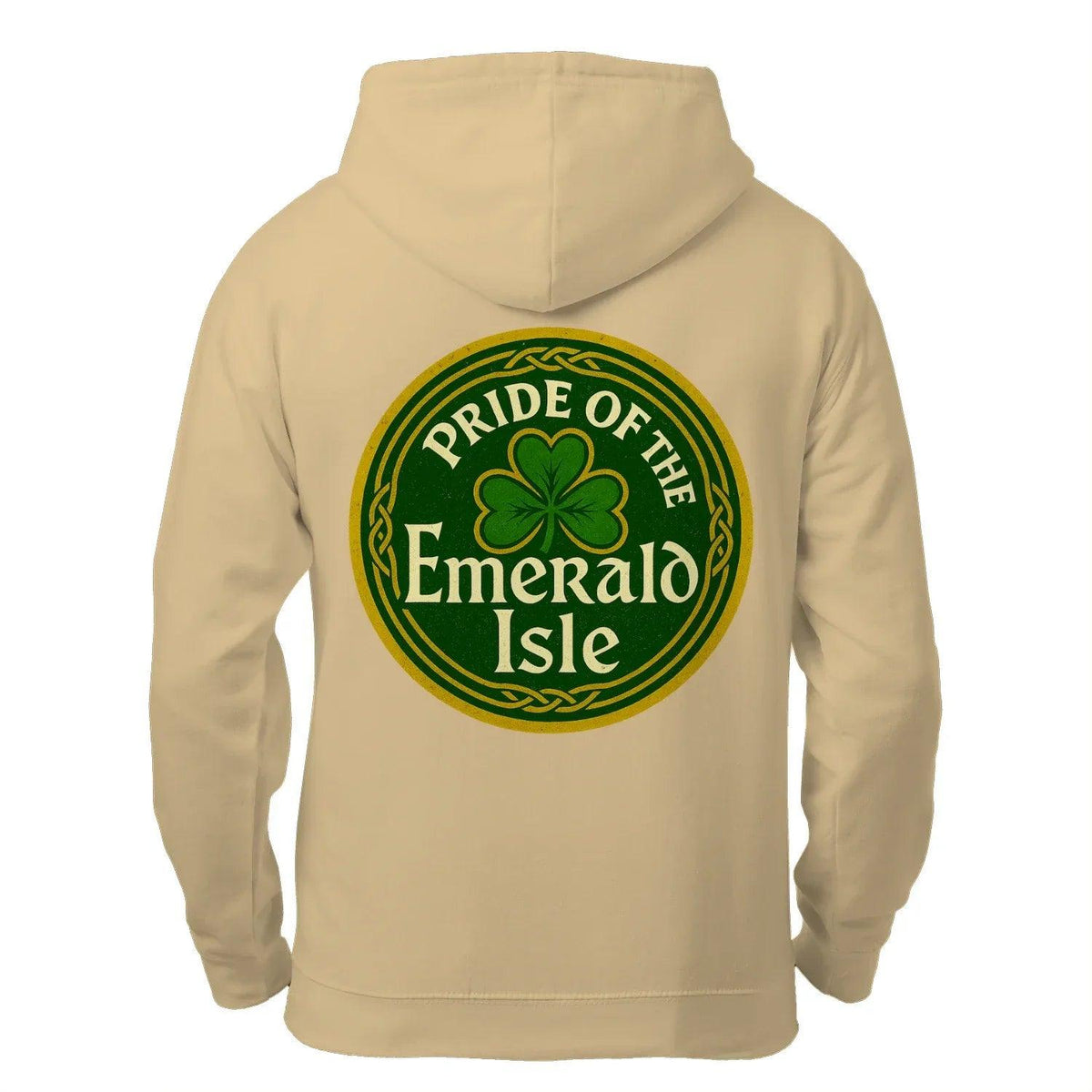 Beige zip hoodie with hood and large circular Emerald Isle shamrock logo on back