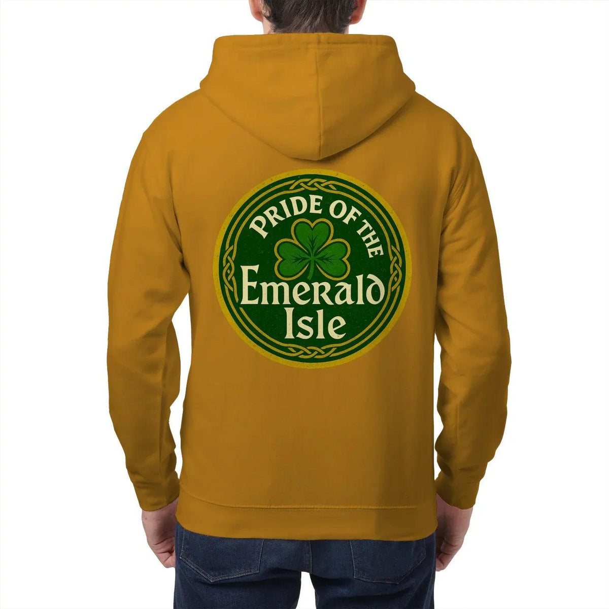 Mustard yellow zip hoodie with hood and large Emerald Isle shamrock logo on back
