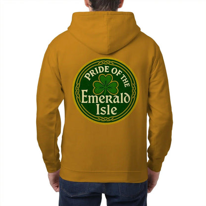 Mustard yellow zip hoodie with hood and large Emerald Isle shamrock logo on back