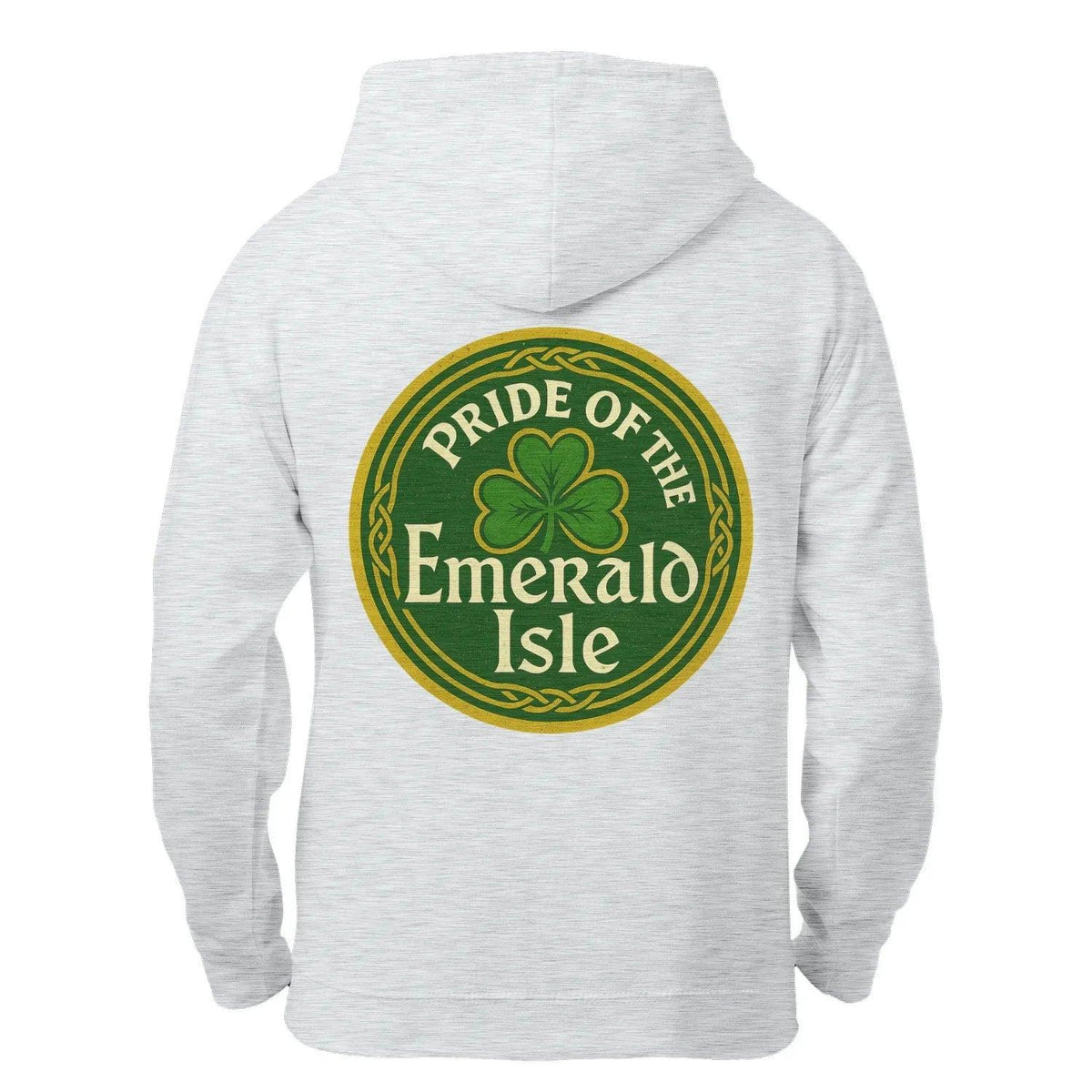 Heather gray zip hoodie with hood and circular Irish-themed shamrock logo on back