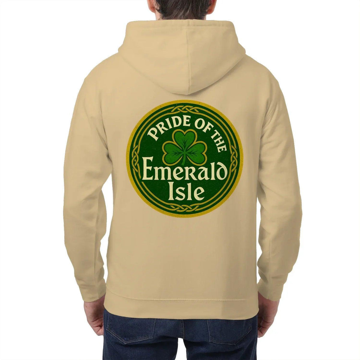 Beige zip hoodie with hood and large Pride of the Emerald Isle logo on back