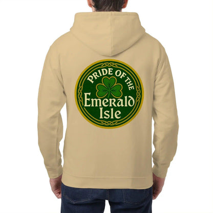 Beige zip hoodie with hood and large Pride of the Emerald Isle logo on back